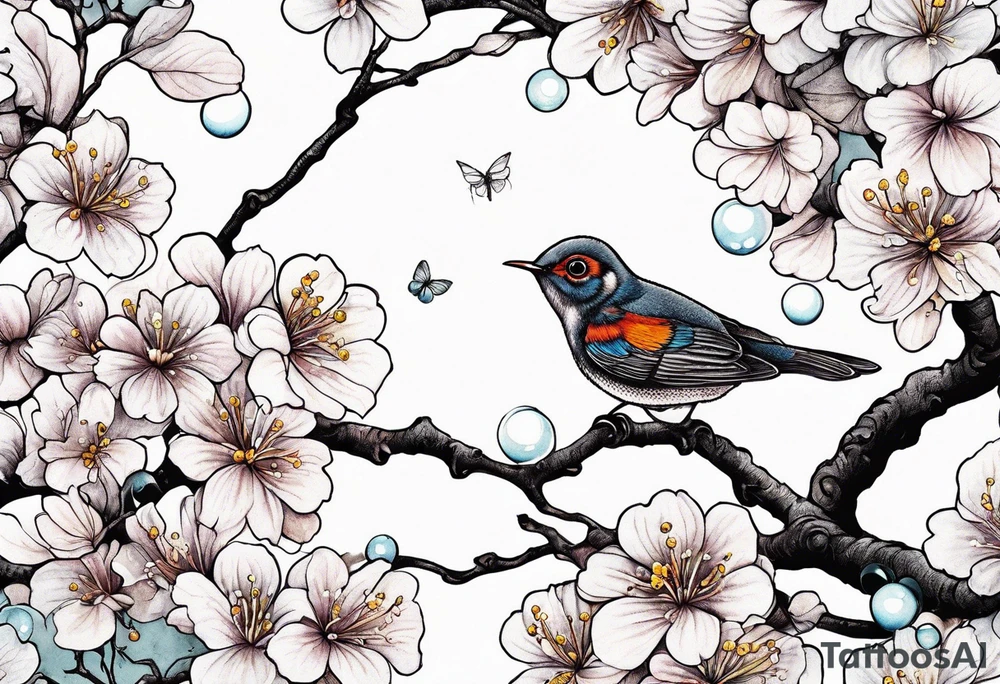 Winding branches and leaves and tiny flowers with a small moth and bubbles tattoo idea