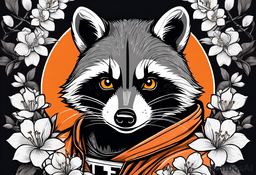 Raccoon wearing a white Superman logo on a black hoodie and orange Japanese cherry blossoms beside tattoo idea