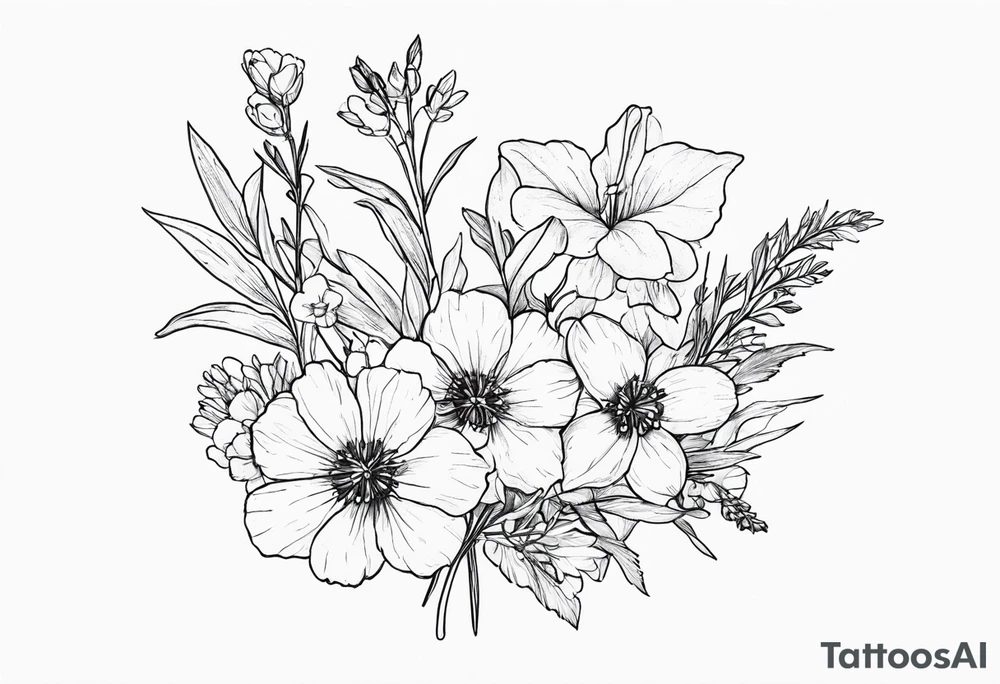 Small, fine line Birth flower bouquet with 2 violets, 3 larkspur, 2 aster tattoo idea