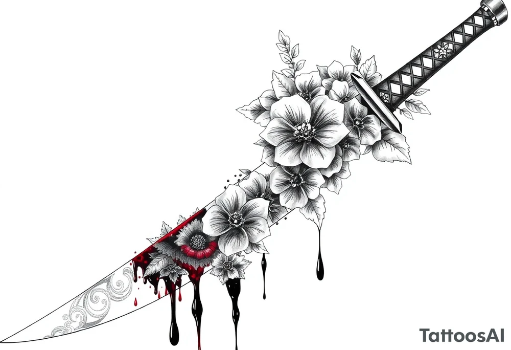 Katana with flowers and blood on the blade tattoo idea