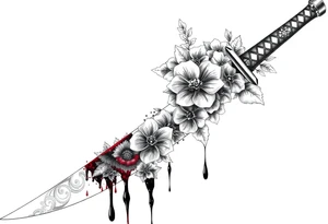 Katana with flowers and blood on the blade tattoo idea