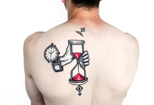 Simple grim reaper looking at a watch on his wrist with a hourglass with red sand and diamond geometric shapes for the thigh tattoo idea