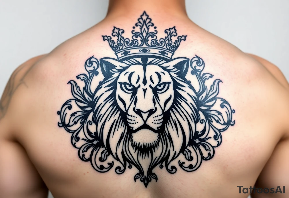majestic lion wearing ornate crown, surrounded by baroque flourishes tattoo idea