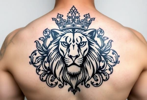 majestic lion wearing ornate crown, surrounded by baroque flourishes tattoo idea