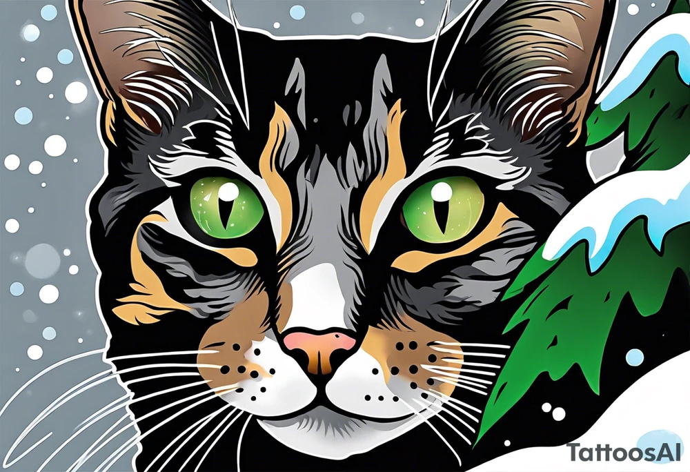 a tortishell cat with colors black, tan,and grey. Green eyes. the cat is laying in a window with snow in the background. the cat has wings and a halo tattoo idea