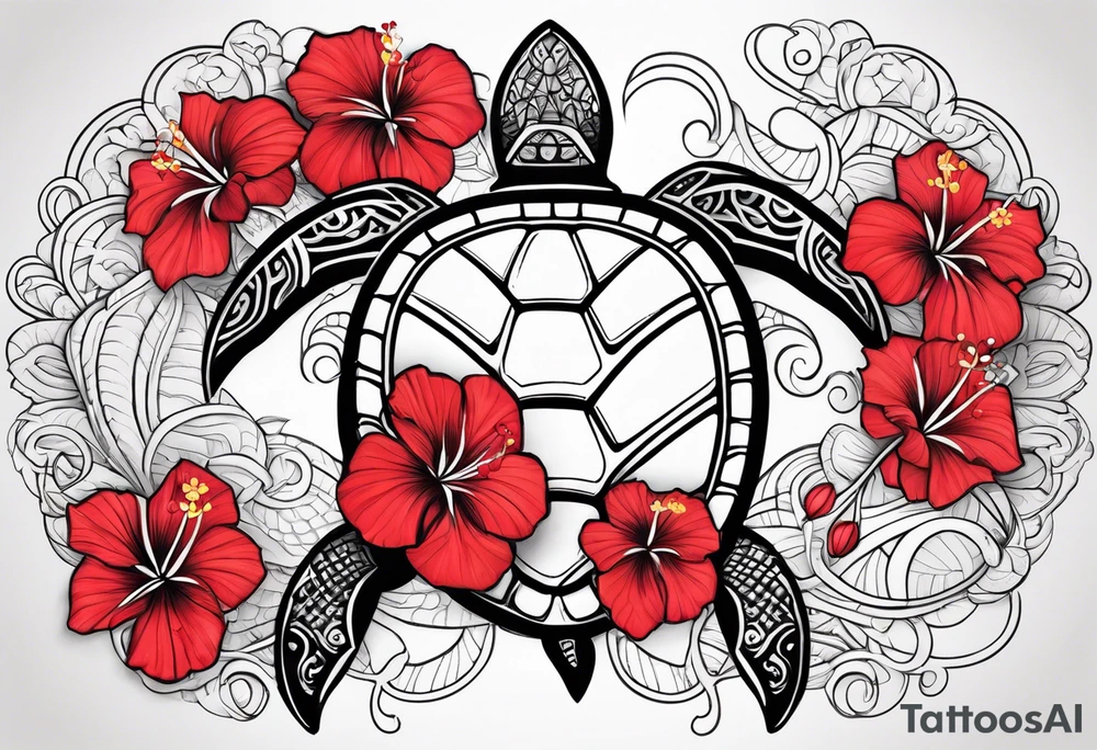 Black Polynesian turtle with red hibiscus flower in the middle of turtles shell tattoo idea