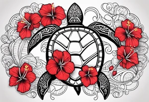Black Polynesian turtle with red hibiscus flower in the middle of turtles shell tattoo idea