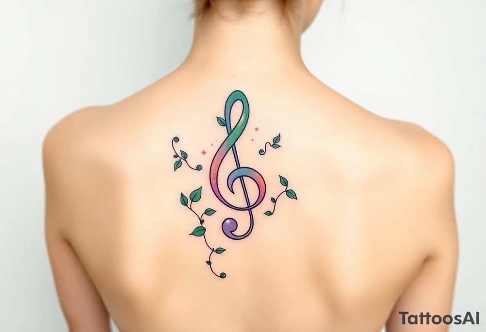 treble clef with vines growing around it, in shades of green, light pink, and soft purple tattoo idea