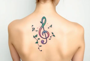 treble clef with vines growing around it, in shades of green, light pink, and soft purple tattoo idea