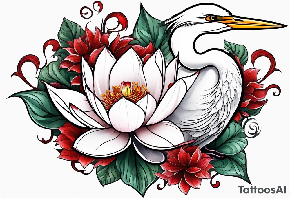 Egret and red lotuses tattoo idea