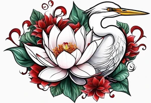 Egret and red lotuses tattoo idea