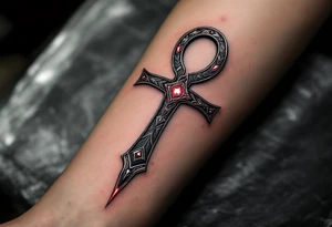 A black and silver Ankh, intricately etched with warrior motifs and a subtle red glow around the edges, wrapping around the forearm. tattoo idea