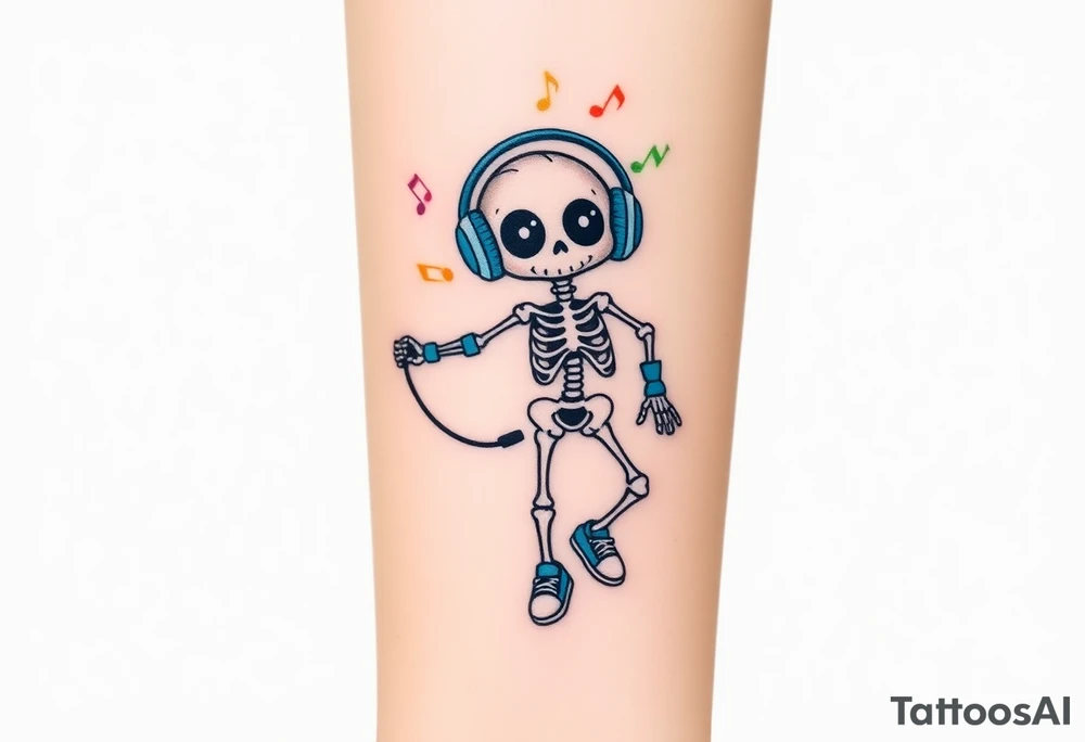 Cute smiley skeleton with dreamy eyes in his eyes jumping on a jump rope with blue headphones blue armbands blue sneakers and colorful  music notes around his head tattoo idea