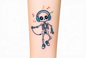 Cute smiley skeleton with dreamy eyes in his eyes jumping on a jump rope with blue headphones blue armbands blue sneakers and colorful  music notes around his head tattoo idea