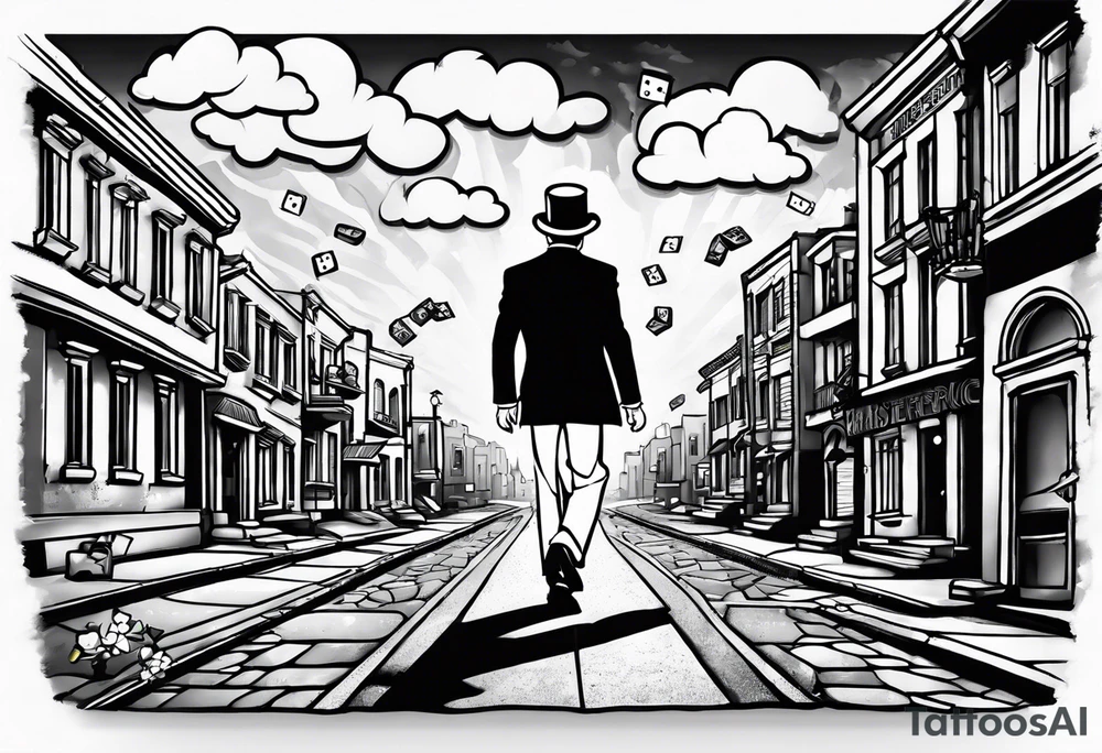 Monopoly man walking down a urban street with scattered xzanax bars and clouds with praying hands used for fillers tattoo idea