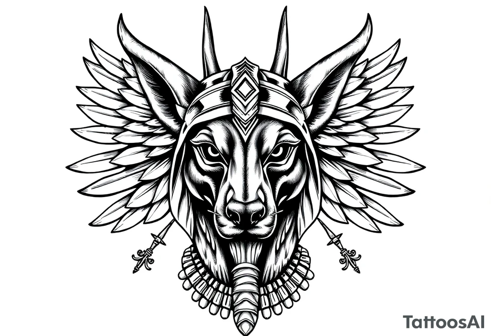 Egyptian Anubis god face muscle in Egypt style  with mantle on head with empty eyes 

dog face surrounded Egyptian symbols based on elements tattoo idea