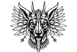 Egyptian Anubis god face muscle in Egypt style  with mantle on head with empty eyes 

dog face surrounded Egyptian symbols based on elements tattoo idea