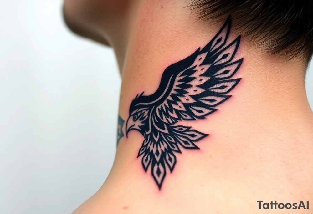 A tribal eagle in black ink with geometric patterns, seamlessly blending traditional and modern tattoo styles tattoo idea