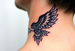 A tribal eagle in black ink with geometric patterns, seamlessly blending traditional and modern tattoo styles tattoo idea