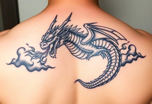 fierce dragon breathing iridescent fire against stormy skies tattoo idea