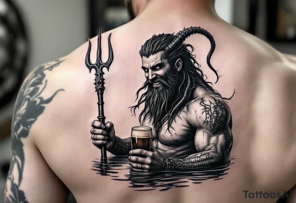 smiling poseidon, with a trident, in calm water, holding a beer tattoo idea