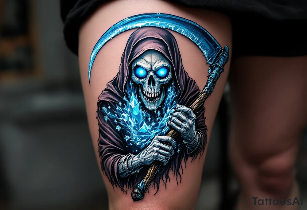 A blue-hued Grim Reaper with ice-crystal eyes, gripping a frost-covered scythe. tattoo idea