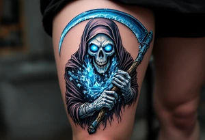 A blue-hued Grim Reaper with ice-crystal eyes, gripping a frost-covered scythe. tattoo idea