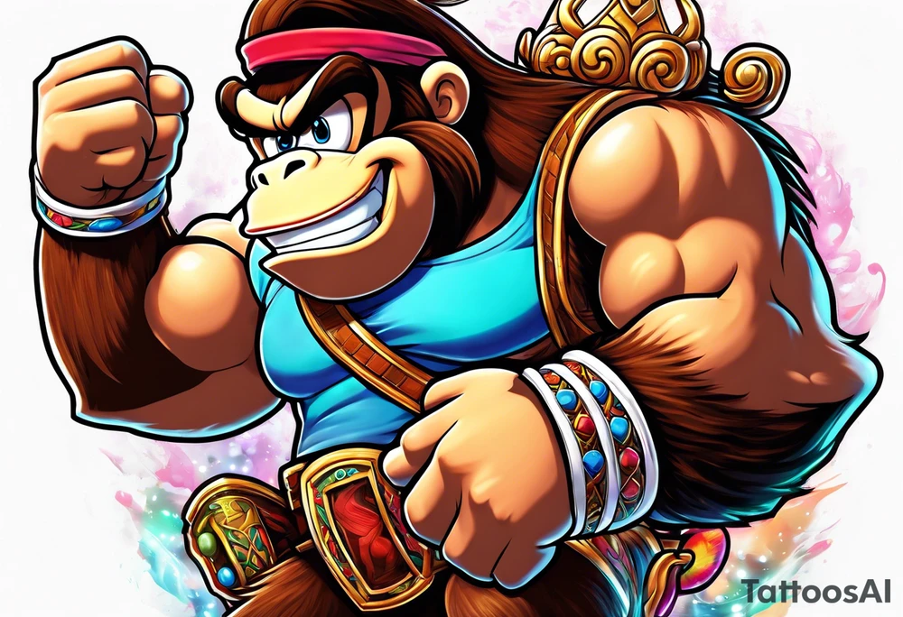 Donkey Kong flexing and holding up sexy Princess PeCh tattoo idea
