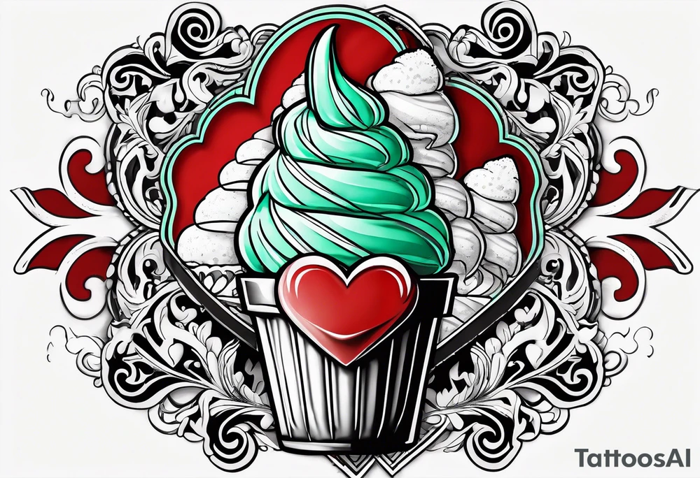 simple mint chocolate chip ice cream cone with small red heart on it somewhere. tattoo idea