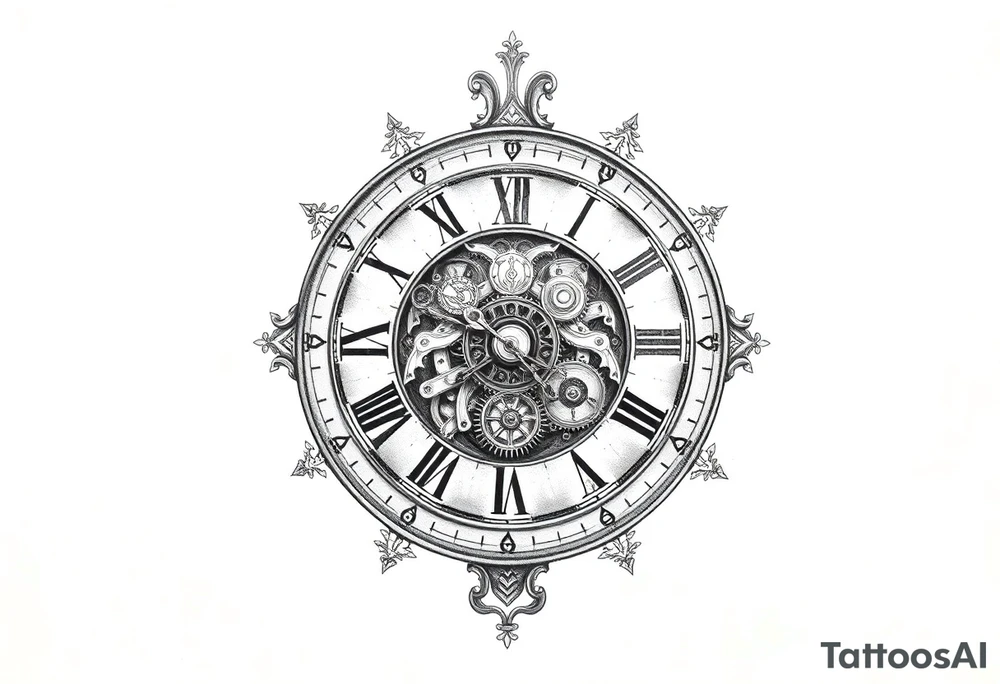vintage roman numerals within ornate clockwork mechanism tattoo idea