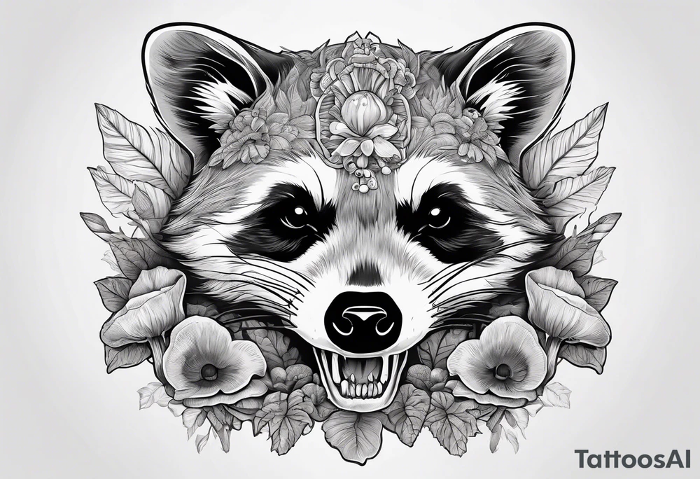 ILLUSTRATIVE FINE LINE RACCOON SKULL WITH MUSHROOMS GROWING OUT OF IT tattoo idea