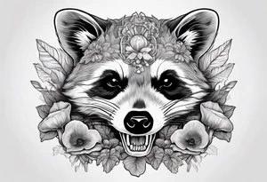 ILLUSTRATIVE FINE LINE RACCOON SKULL WITH MUSHROOMS GROWING OUT OF IT tattoo idea