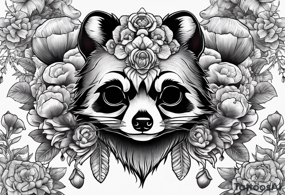 ILLUSTRATIVE FINE LINE RACCOON SKULL WITH MUSHROOMS GROWING OUT OF IT tattoo idea