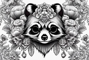 ILLUSTRATIVE FINE LINE RACCOON SKULL WITH MUSHROOMS GROWING OUT OF IT tattoo idea