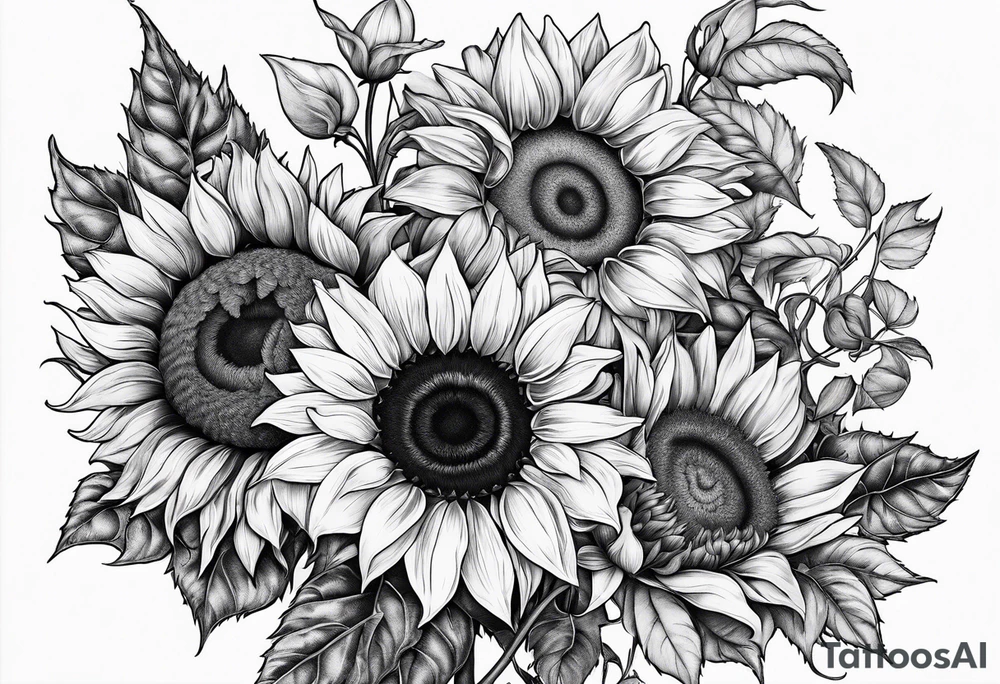 A bouquet of sunflowers and roses with the letter M tattoo idea