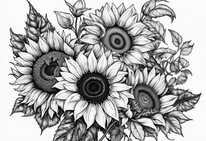 A bouquet of sunflowers and roses with the letter M tattoo idea