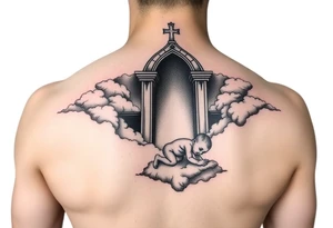 Babyboy crawling up to heavens gate in the clouds tattoo idea
