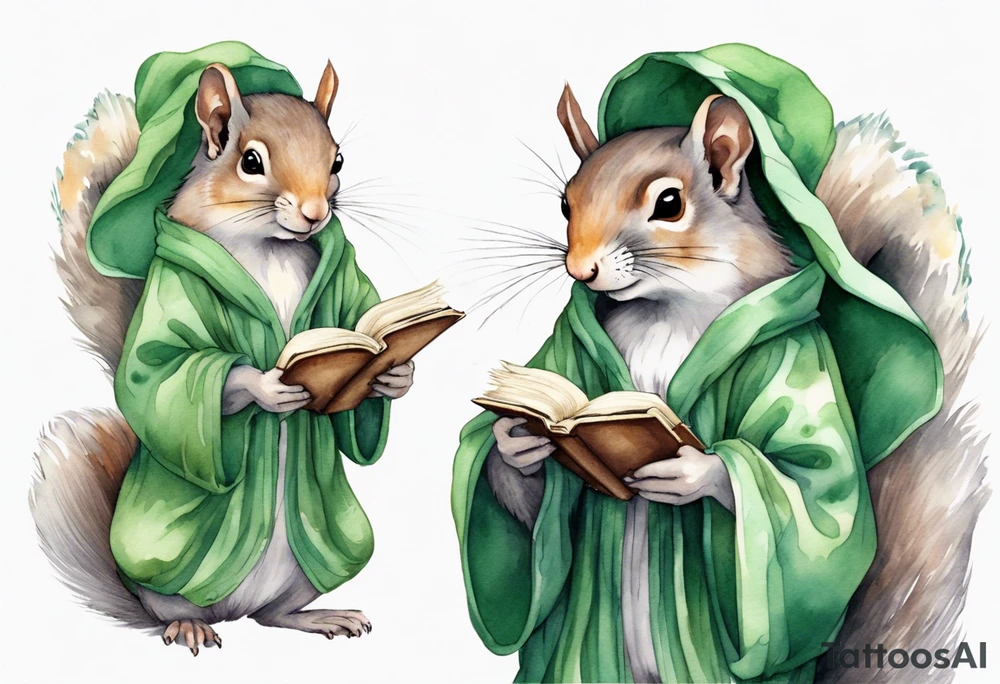 a grey squirrel with long feminine hair and a green robe, holding a magic book tattoo idea
