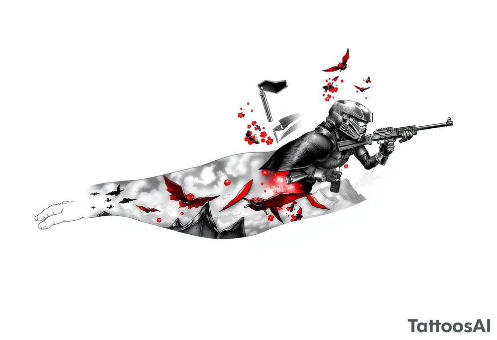 Full arm sleeve tattoo design, black and grey sketch incorporating the following:
Halo Reach: skyline in storm clouds with ember-red glow, emille silhouette in distance.
Ghost of Tsushima: Jin Sakai face and mask, katana behind, with flowing blood-red cherry blossoms drifting across.
Helldivers 2: silhouettes of Helldivers dropping from pods through smoke and sparks (orange sparks glowing), wrapping around the elbow area.
DOOM Eternal: hyper-realistic Doom Slayer silhouette with super shotgun over shoulder, fire and flames around



Inner left arm: Firewatch tower in silhouette on ridges, orange and purple dusk glow blending into smoke. tattoo idea