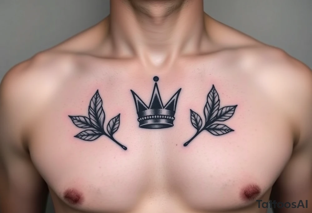Chest tattoo, two bay leaf and crown between tattoo idea