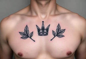 Chest tattoo, two bay leaf and crown between tattoo idea