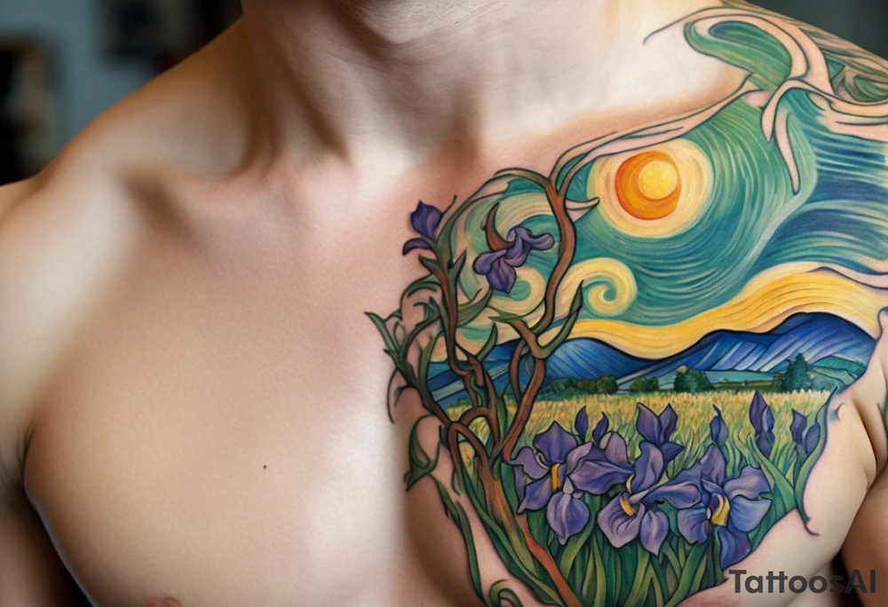 Create a condensed, thick, colorful Vincent van Gogh's Irises tattoo, with vines in Celtic knots gracefully holding mountains. The intended placement is on the upper chest. The overall design should be small in size while maintaining a delicate and artistic aesthetic. Pay attention to the graceful flow of the vines and the placement of the irises to achieve a refined and elegant look. tattoo idea