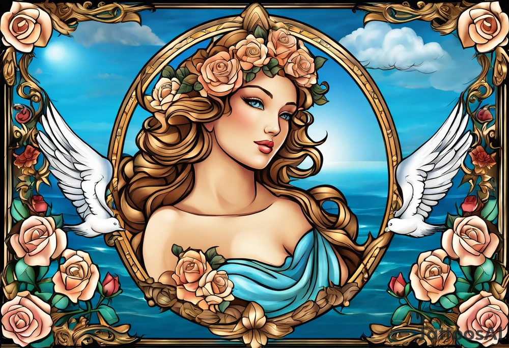 Portrait of Aphrodite: A face or full-length image of the goddess, often in a realistic style, perhaps decorated with flowers, seashells, or doves.rose, doves, shells and a mirror in his hand. background sea, blue roses frames,, romantic,background  fly boy wings and a bow, cupido tattoo idea