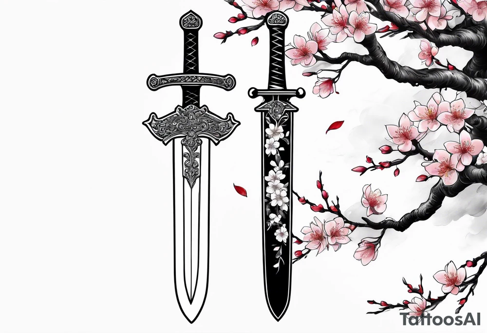 sword with a sakura tree tattoo idea