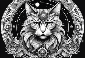 dark cat with a bad face surrounded by  planets tattoo idea