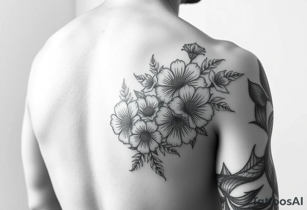 Arm sleeve with a variety of flowers and honeycomb filler tattoo idea