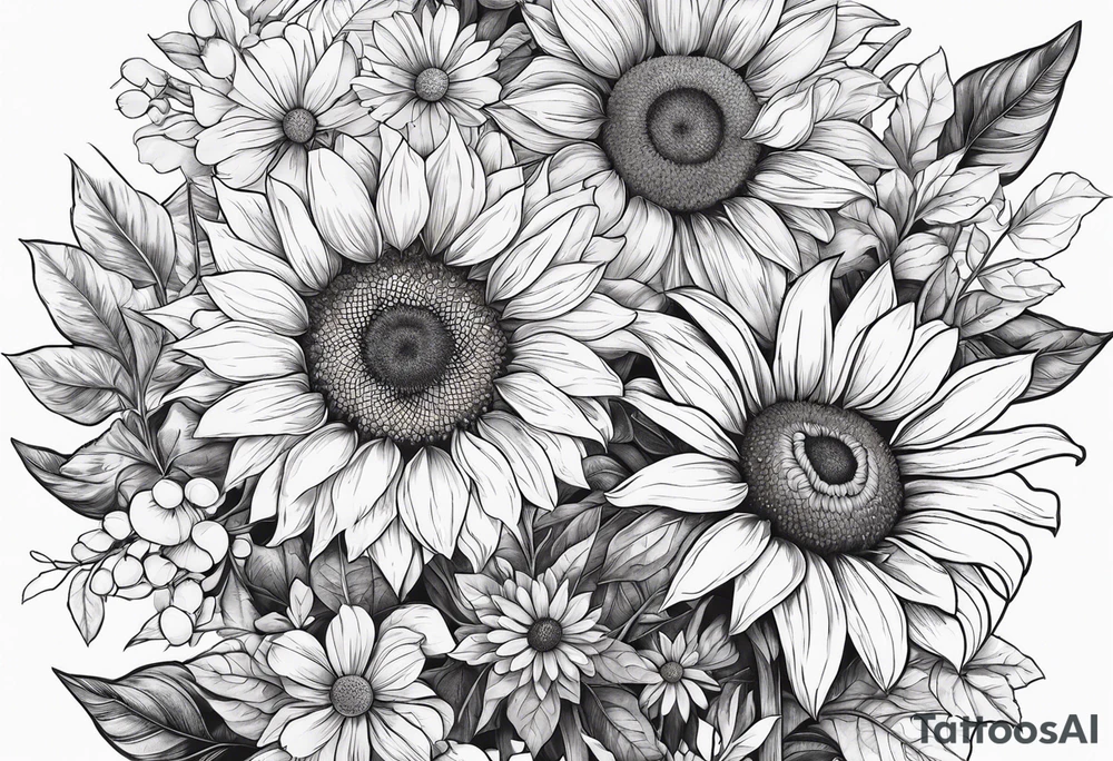 sunflowers, Daisy, wildflower, sleeve tattoo idea