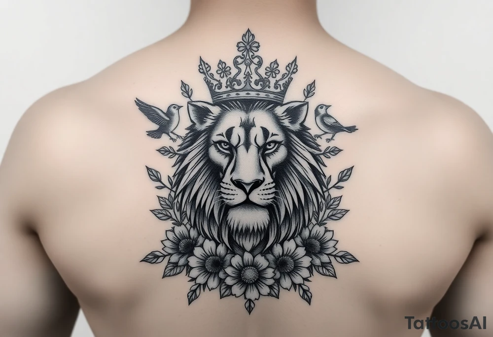 powerful majestic lion with a crown, surrounded by floral ornaments and birds tattoo idea