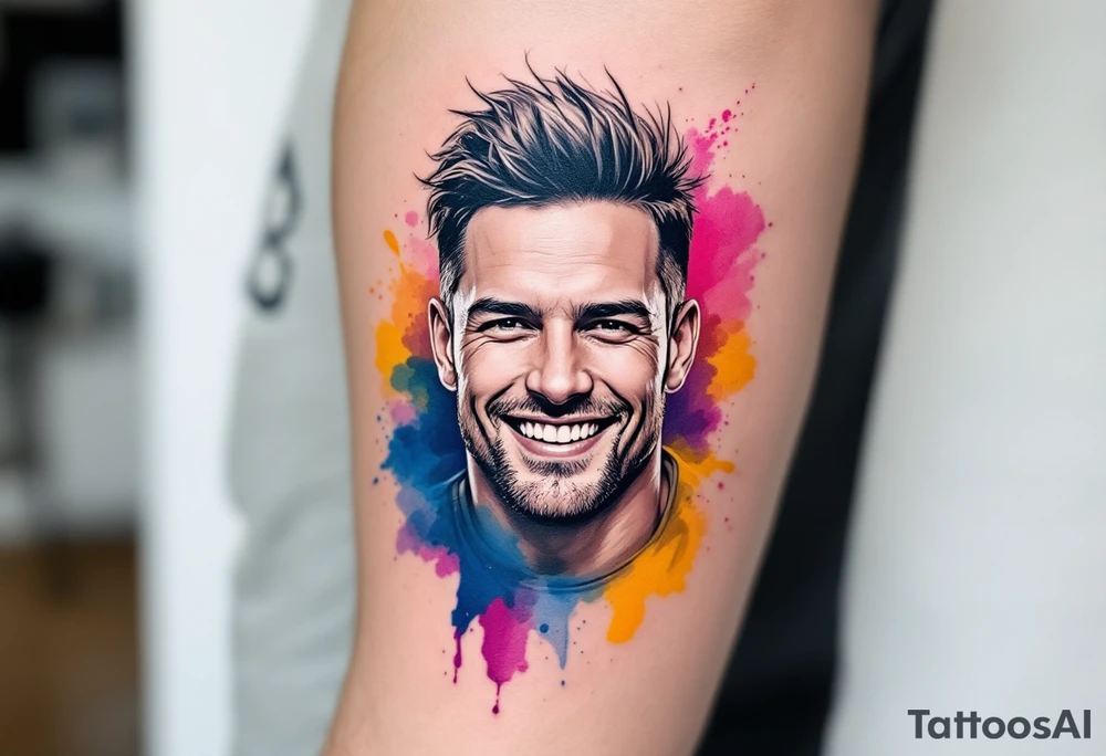 Stafford in Watercolor Style – A cheerful Stafford mid-run, surrounded by splashes of vibrant blue, pink, and yellow watercolor strokes. tattoo idea