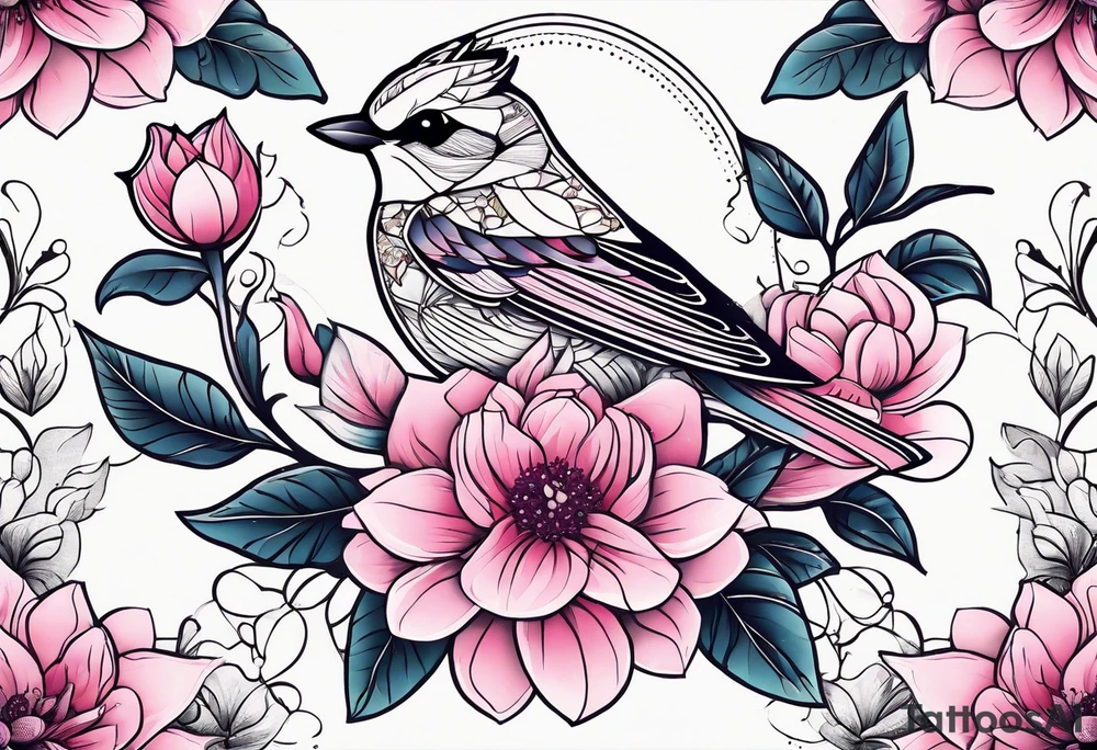 Small Pink flowers with decorative dott pattern and a bird tattoo idea